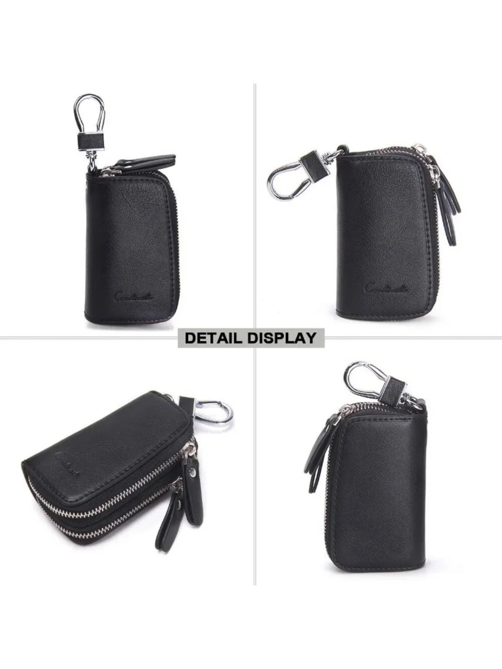 Stylish Small Leather Double Zipper Key Holder Case with 4 Keyrings - Key
